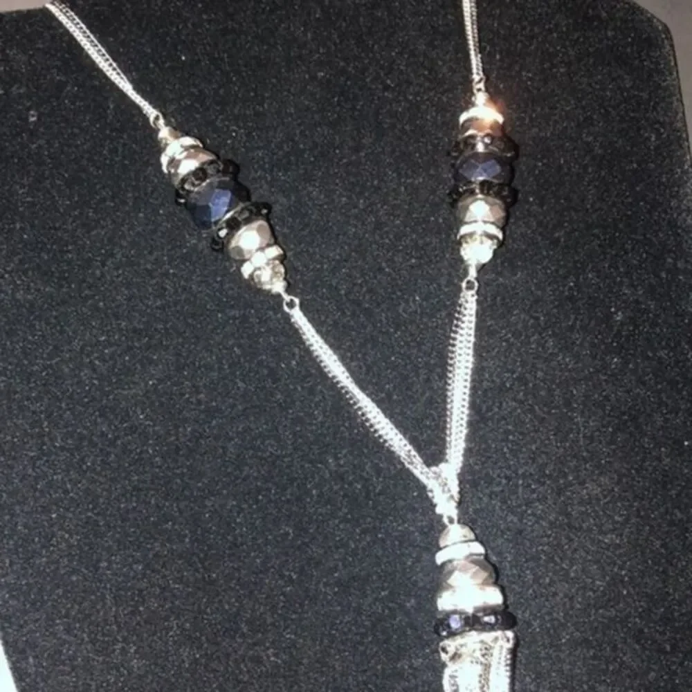 INC long necklace silver tone with glass Brad’s necklace